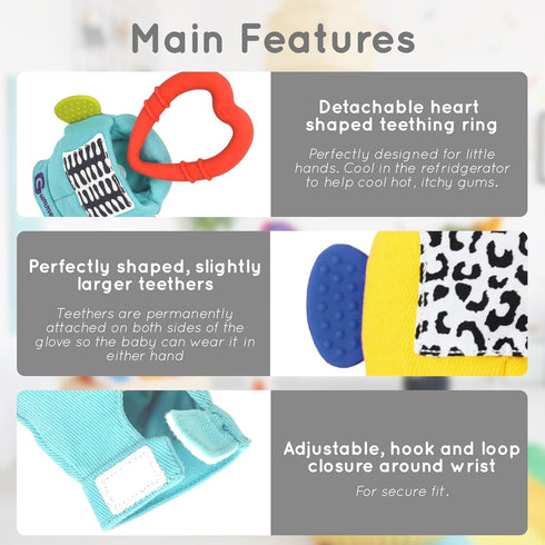 Gummee 6 Glove Baby Teething Mitten Months + Premium Quality Detachable Teether Ring and Travel Bag - Turquoise