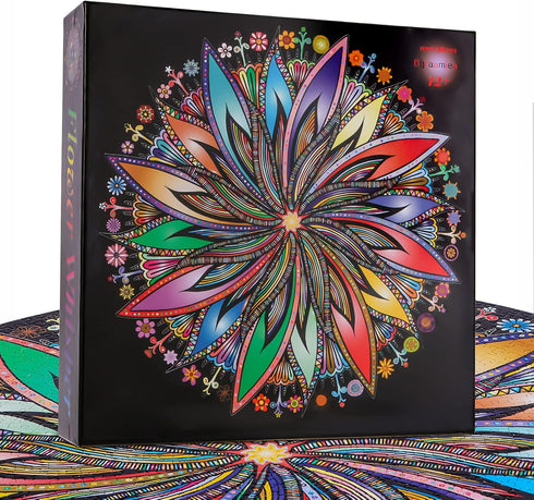 Bgraamiens Puzzle-Blooming Flowers-1000 Pieces Creative Geometric Round Blue Board Colorful Mandala Jigsaw Puzzle
