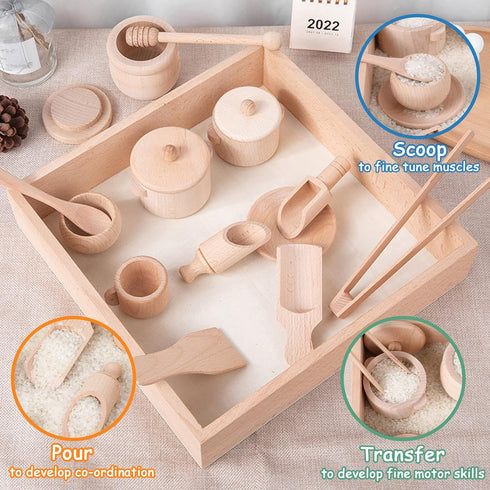 Montessori Sensory Bin Tools Toy with Wooden Box for Toddlers, Pretend Play Dish Toys, Kids Fine Motor Skills