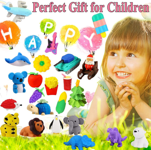 110Pcs Animal Erasers Kids Pencil Erasers Bulk - Mini Animal Food Toys, Classroom Rewards, Game Prizes