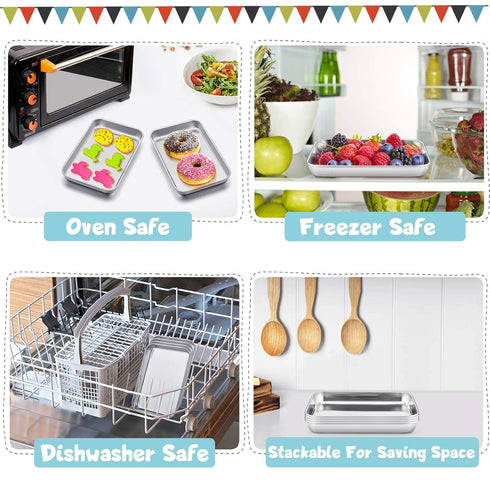 TeamFar Kids Plates Set of 4, Stainless Steel Toddler Training Trays, 7.3"×5.3"×0.8", Healthy & Toxic Free, Dishwasher