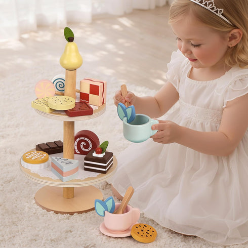Set Playset Set PairPear Tea Party Dessert Stand -Wooden Toys Pretend Play Food Kitchen Accessories for Toddler Tea