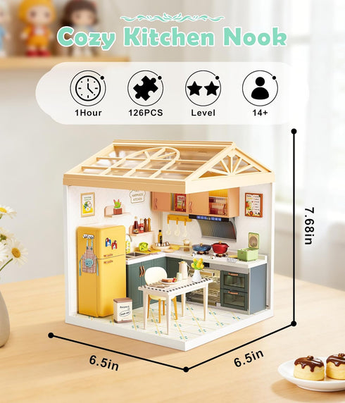 Cozy Set Immersive DIY Miniature Kitchen Dollhouse Kit with LED Light, Dust-Proof Door & Roof - Home Cooking Room