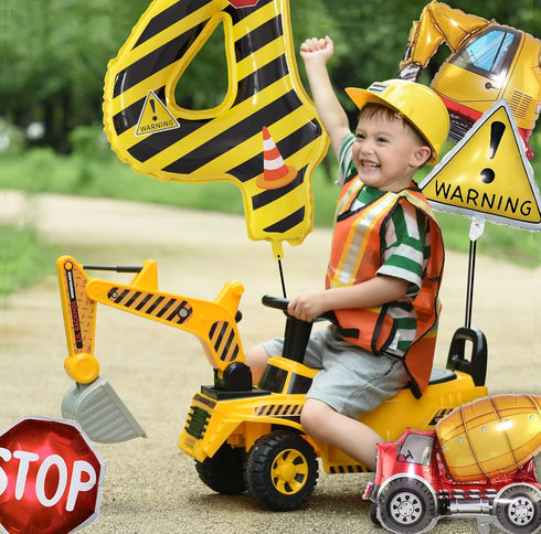 JUANBUDONG Set,Yellow 4 Balloons,4th Construction Theme Balloons and Black Striped Construction Foil Number