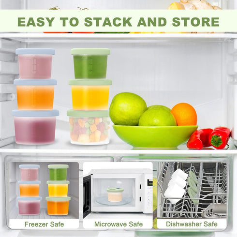 6-Pack 3 Silicone Baby Food Containers with Date-Tracking Lids, Reusable Snack Containers Food Storage Jars