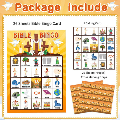 FLYAB Bible Bingo Game for Kids Adults 26 Players Christian Bible Bingo Card Religious Bible Bingo Game Activities for Family Vacation Bible School Sunday Church Family Open Day Holiday Supplies