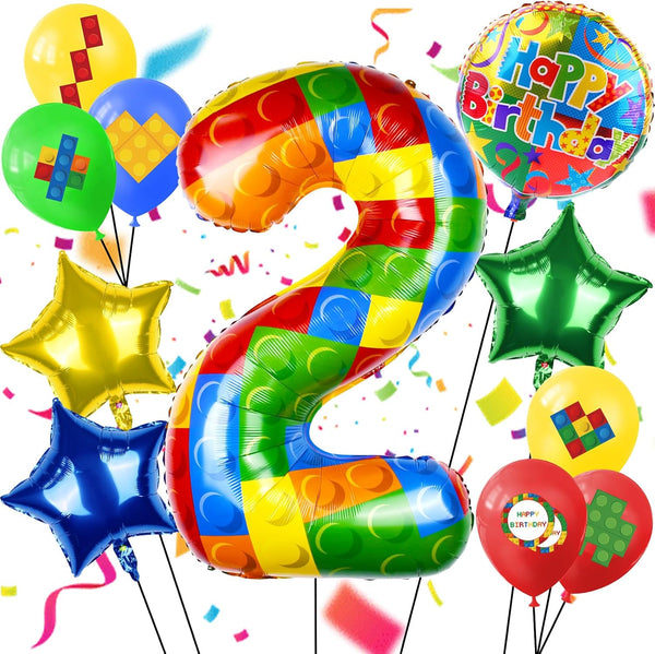 40 Inch Colorful Building Block Number Balloon, Large Number 2 Helium Balloon for Girls Boys 1st Birthday Party