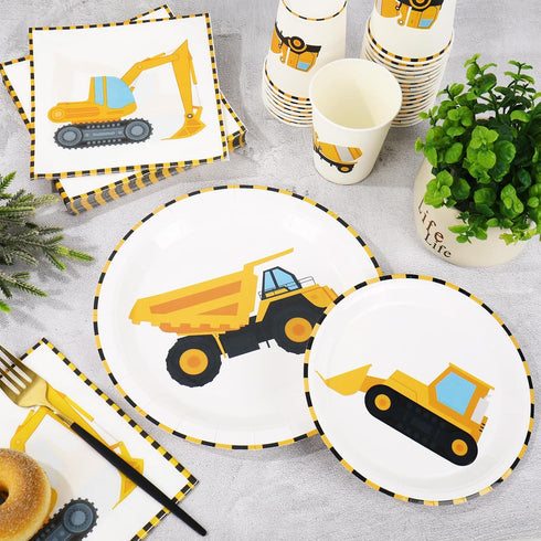 96Pcs Set 24 Whaline Construction Party Tableware Dump Truck Paper Plate Napkin Cup Yellow Black Disposable Dinnerware