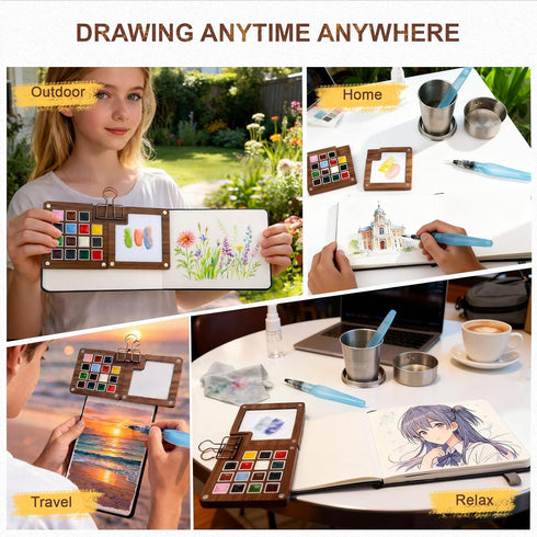Drmukie Set 15-Color Set Mini Watercolor Paint All-in-One Walnut Wood Travel Watercolor Kit with Crossbody Bag Paint