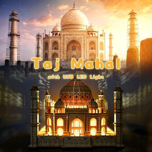 3D Wooden Puzzle for Adults, Taj Mahal Wood Model with LED Light, Self-Assembly Mechanical Building Kit