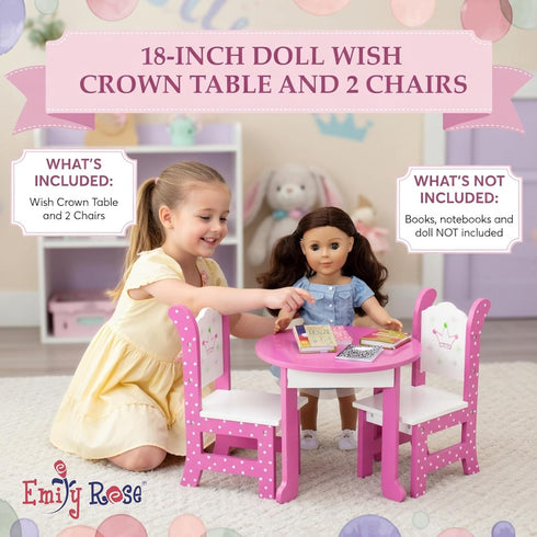 18 Inch Set 2 Emily Rose Wish Crown Doll Dining Wooden Table & Chairs for American Girl Dolls | Premium Dollhouse