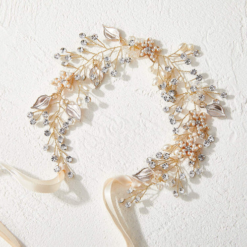 SWEETV Gold Flower Girl Headband for Wedding, Baby Girl Pearl Hair Piece, Birthday Party Photography