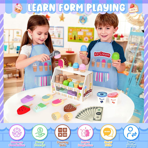 Counter Playset 2 3 4 5 6 Wooden Ice Cream Toy, Ice Cream for Kids, Toddler Pretend Play Kitchen Accessories