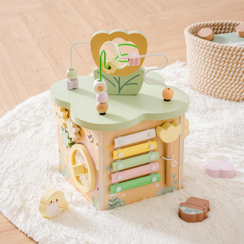 7 1+ ROBUD Wooden Activity Cube, Educational Wooden Toys with Functional Areas, Montessori Toys for Year Old Boys