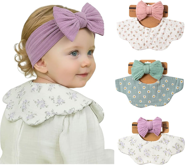 Baby Cotton Muslin Bibs and Bow Headbands Set