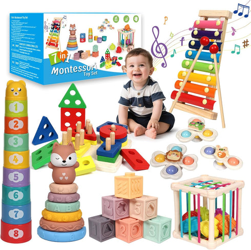LearnToy Baby Toys 18-36 Months, Montessori 7-in-1 Activity Set - Stacking Blocks,