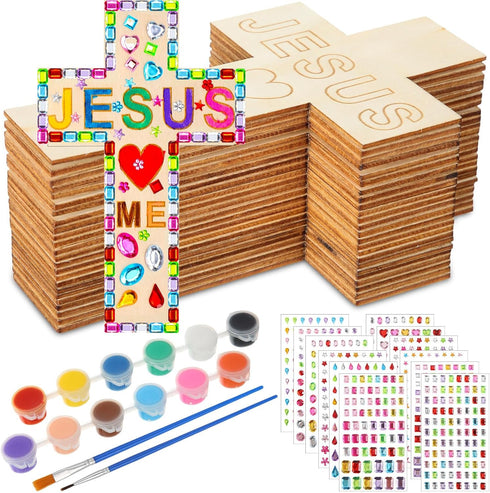 PullCrease 37 Pcs Christian Easter Crafts for Kids Religious DIY Wooden Crosses
