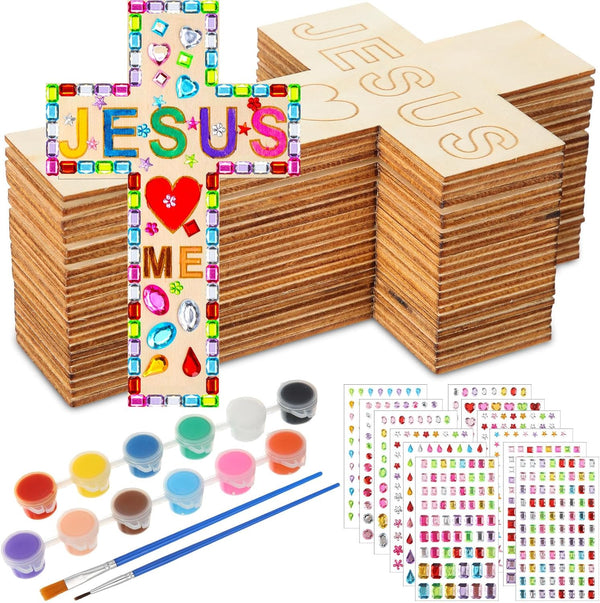 PullCrease 37 Pcs Christian Easter Crafts for Kids Religious DIY Wooden Crosses