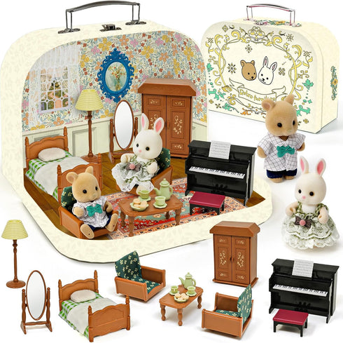 Dollhouse Bedroom Furniture Accessories Suitcase Set for Kids, 2 Flexible Dolls/Table/Bed/Bedclothes/Floor Lamp/Safety