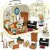 Dollhouse Bedroom Furniture Accessories Suitcase Set for Kids, 2 Flexible Dolls/Table/Bed/Bedclothes/Floor Lamp/Safety