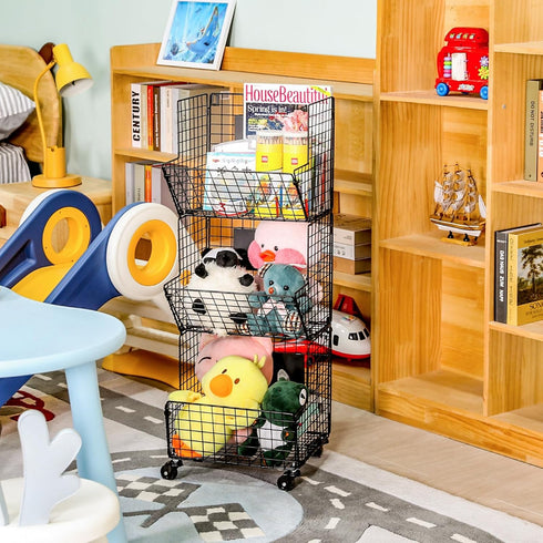 3 Tier Rolling Toy Organizer Basket with Wheels, S-Hooks, Adjustable Chalkboards - Toy Storage Cart for Kids Room