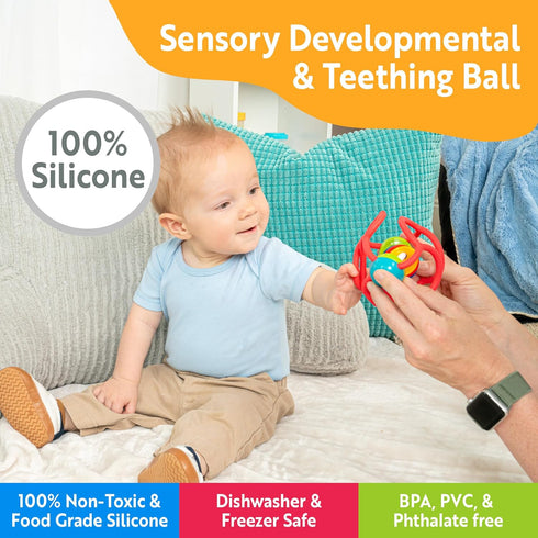 OgoBolli Teether Ring Tactile Sensory Ball and Baby Rattle Toy for Babies & Toddlers - Stretchy, Squishy, Soft, Non-Toxic Silicone - Boys and Girls Age 6+ Months - Red