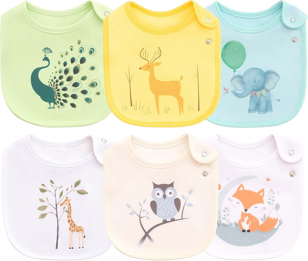 Maiwa 6 Pack Waterproof Cotton Baby Bibs - Snaps for Girls and Boys for Drooling and Eating