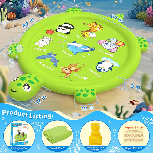 tmstorys 1-3, 67" Summer Splash Pad for Toddlers Turtle Sprinkler & Splash Play Mat, Inflatable Baby Kid Pool, Outdoor