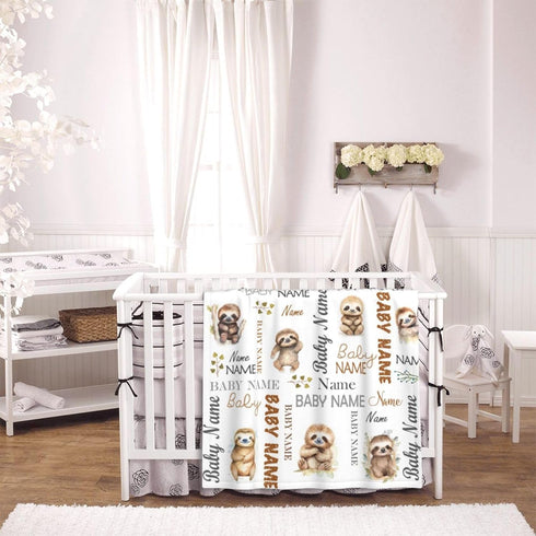 Novusopt Personalized Sloth Baby Blanket - Custom Name Receiving Blanket for Boys, Newborn Soft Nursery Blankets, Kids
