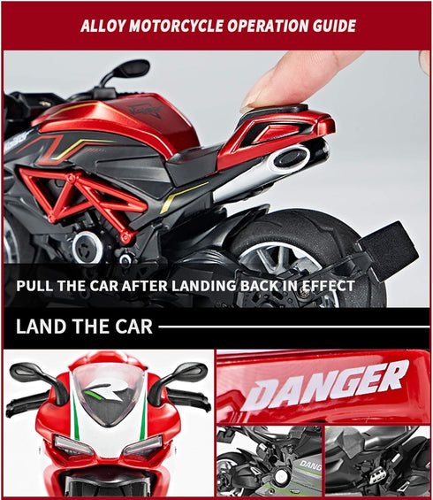 Pull Back Motorcycle Model - 1:12 Scale Toy Motorcycle with Light and Music Gift for Children (Red) Boys and Girls