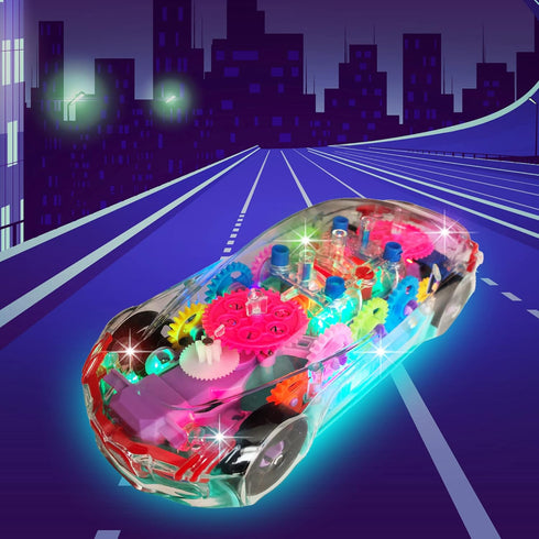 ArtCreativity Light Up Transparent Sensory Car Toy for Kids, 1PC Bump and Go with Colorful Gears and Music