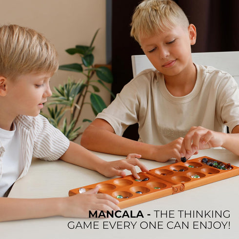 2-Player Set 56 Mancala Board Game with Magnetic Lock Classic Folding Game Wooden Mancala with Glass Pebbles Mancala