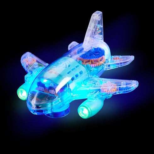 3+ Playbees Light Up Transparent Gear Airplane Kids Bump and Go Autism Toys Colorful Moving Gears with Music and LED
