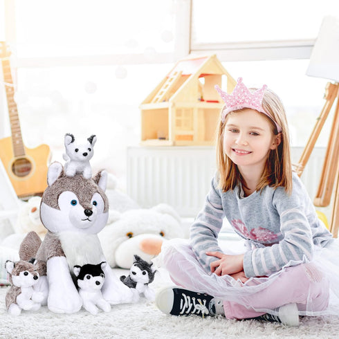5PCS Wolf Plush Toys, 13.4 Inch Wolf Mom with Mini Babies, Stuffed Animal Family Set for Girls Boys Christmas