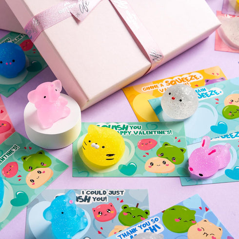 36 Packs JOYIN Valentines Day Gift Cards with Glitter Mochi Squishy Toys, Stress Relief Fidget Toys, Critter Mochi