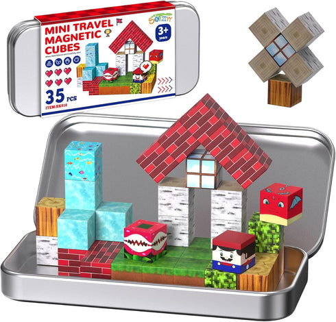 SKTMYY Magnetic Blocks, Travel Toys for Kids, Portable 35 PCS Magnet Building