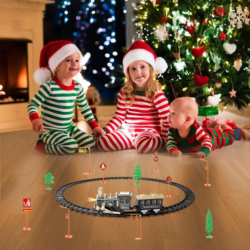 Set, 4-8 6 Electric Train Ages Christmas Train with Locomotive, Passenger Car, Curves, LED Light & Sound Indoor Toy