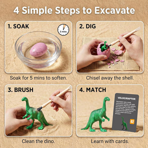 24 Pack 3+ Colorful Dinosaur Eggs Excavation Kit with Learning Cards - Dino Dig STEM Science Toy for Kids - Easter
