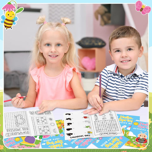 24Pcs Set Spring Activity Books for Kids - Hello Spring Mini Games Coloring Book Bulk Insect Floral Mazes Word Search