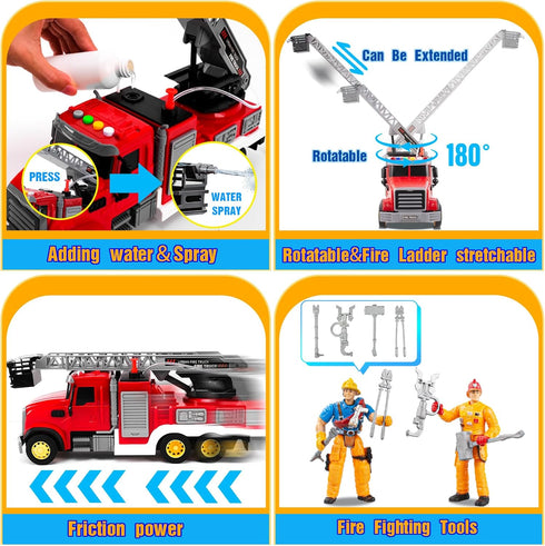 i diy 2pcs 3-5 Fire Truck Toy with Sound & Light - Firefighter & Water Sprinkler with Water Tank - Friction Powered Toy