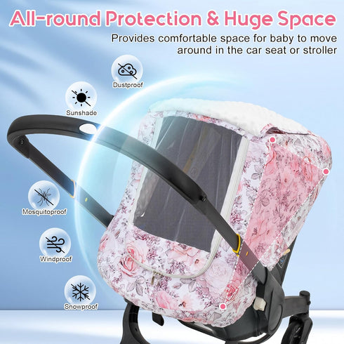 Car Seat Cover Baby Girls, Mink Dot Carseat Covers for Newborn with Breathable Mesh and Sun Shade Window, Warm Stretchy