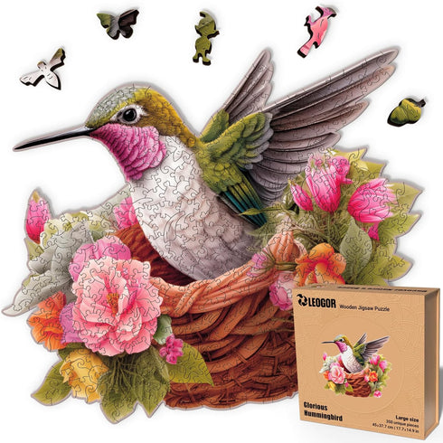 LEOGOR Wooden Puzzles for Adults - Glorious Hummingbird, 350 Piece Large Colorful Mosaic Wood Jigsaws