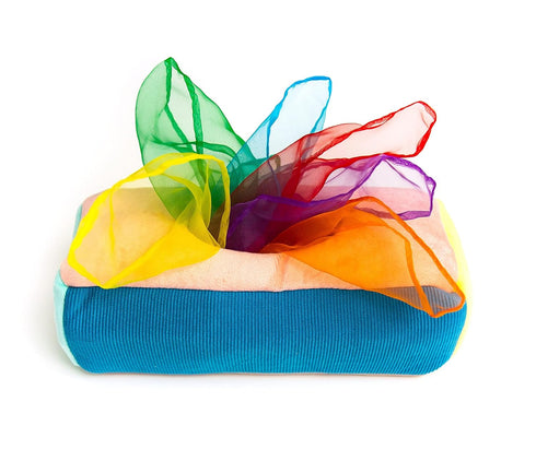 Baby Tissue Box Toy - Montessori Play for Infants and Toddlers, Sensory Textured Box with 12 Matching Colorful Scarves