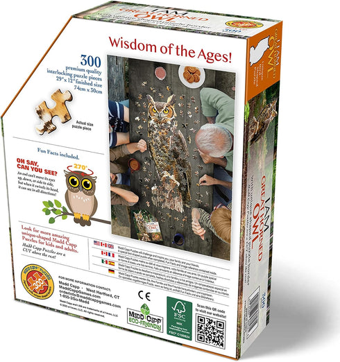 Madd Capp I AM Great Horned OWL 300 Piece Jigsaw Puzzle, Bird-Shaped, 29x12 Finished Size, Includes Fun Facts