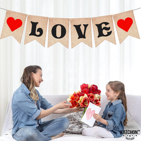 KatchOn Burlap Love Banner for Romantic Decoration - 7x5 Inch | No DIY | Engagement Party, Anniversary, Mothers Day