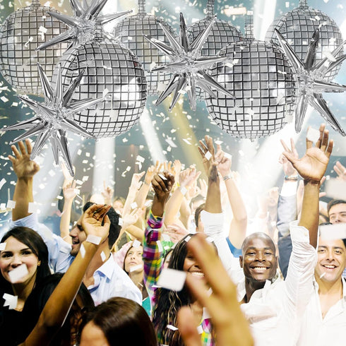 OuMuaMua 9pcs Disco Ball Balloons for 70s Disco Party Decor, 22 Inch Large 4D Metallic Silver Balloons with Stars