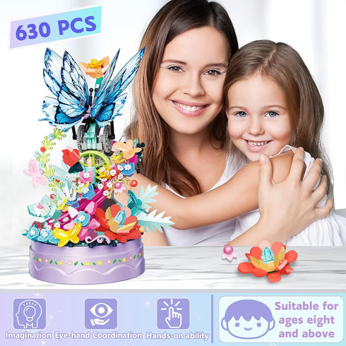 louyebh Set Girls(630PCS) Flowers Music Box Building Block with Light, Botanical Collection Mini Brick Music Box