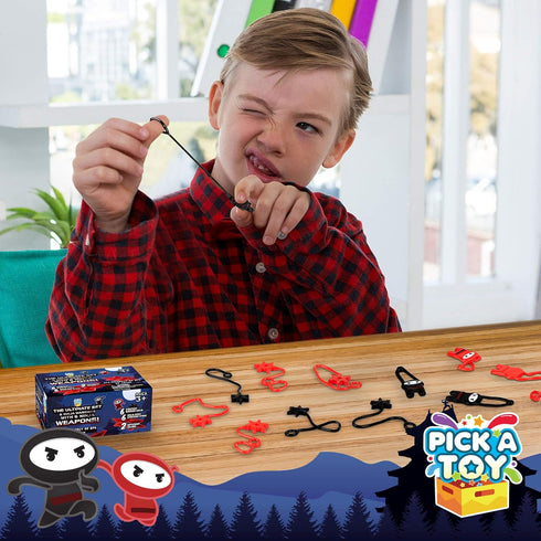 PICK A TOY 12 Pc. Ninja Toys Set - Stretchy Flying Ninjas & Colorful Throwing Stars Slingshots, Fun Birthday Party