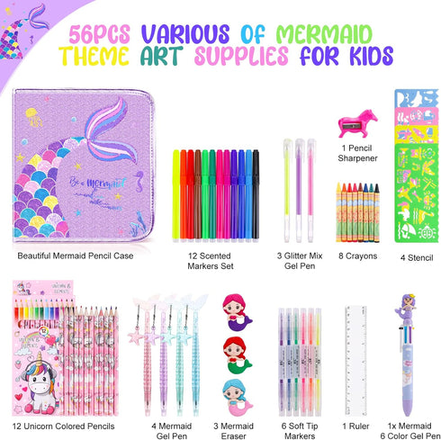 MAIGOZON 56 Set Mermaid Art Craft Kit for Kids, Piece with Pencil Case, Markers, Crayons, Gel Pens, Erasers, Stencils