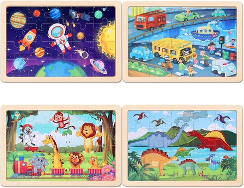 3-5, 4-Pack 20 Set, 3 4 5 6 Wooden Educational Jigsaw Puzzles for Preschool Kids Ages with Pieces Dinosaur, Space